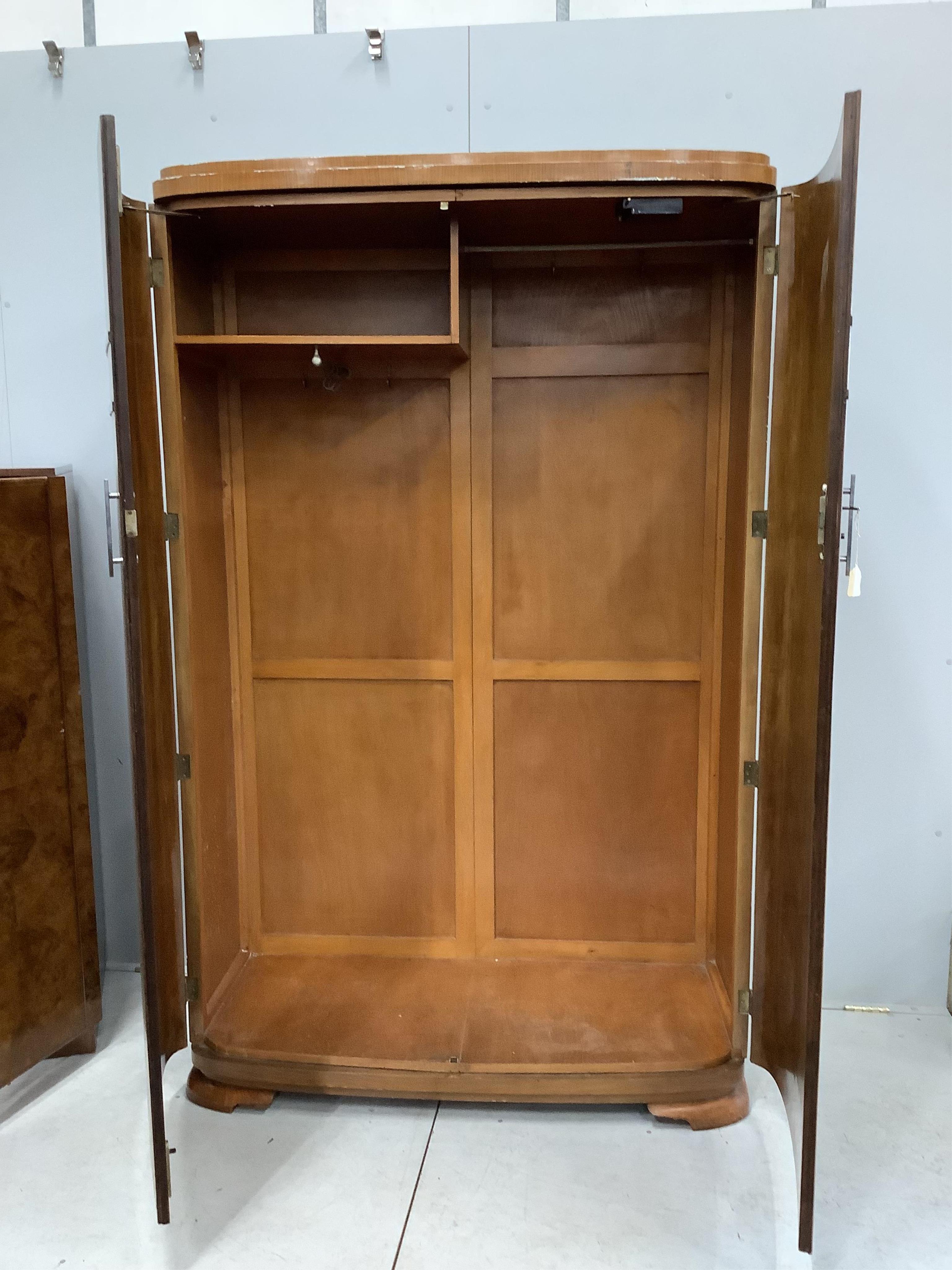 An Art Deco style walnut wardrobe and a gentleman's wardrobe, larger width 124cm, depth 52cm, height 194cm. Condition - fair